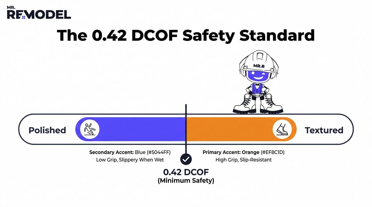 A safety infographic explaining the DCOF 0.42 standard for bathroom floors, using a blue and orange scale to identify high-grip, slip-resistant porcelain tiles.